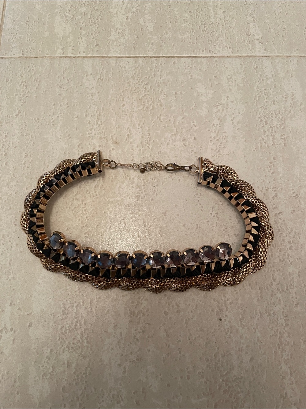 Elegant Gold-Tone Statement Necklace with Smoky Crystal Accents